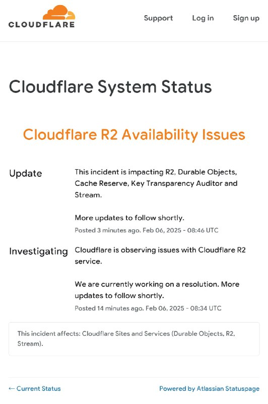 Cloudflare R2 存储服务出现可用性问题Cloudflare R2 是该公司提供的云存储解决方案，广泛应用于网站、应用程序等场景的数据存储